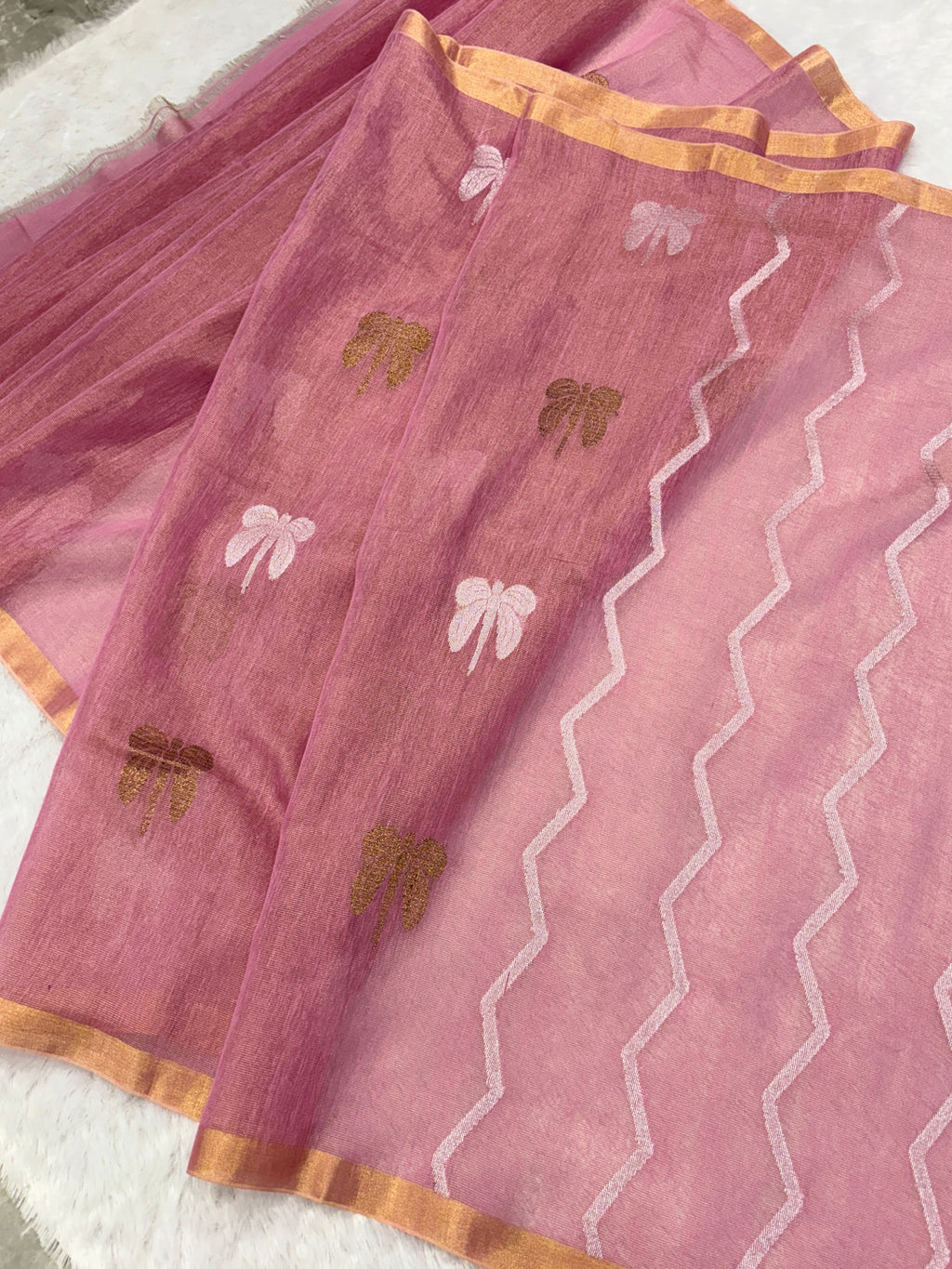 Tissue linen dragonfly saree with zari pallu |Baby pink|TL003