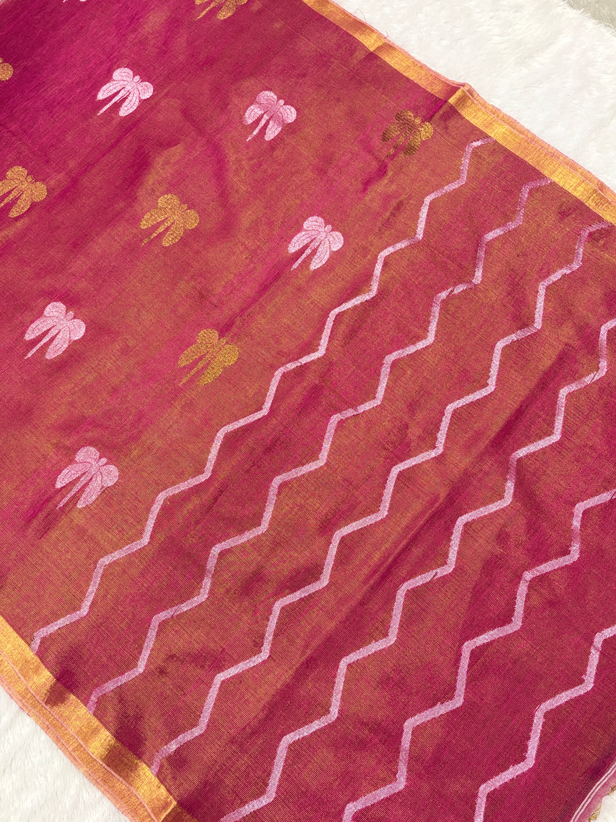 Tissue linen dragonfly saree with zari pallu | pink|TL001