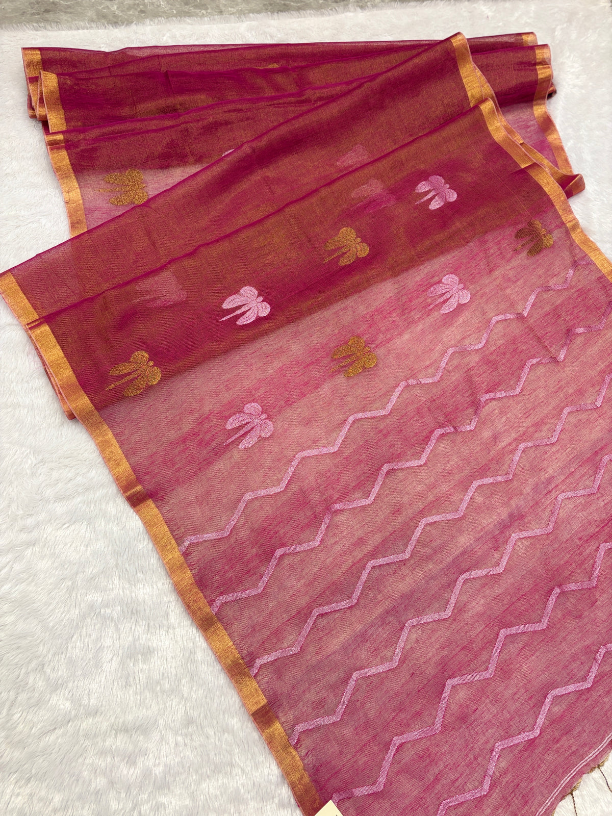 Tissue linen dragonfly saree with zari pallu | pink|TL001