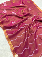 Tissue linen dragonfly saree with zari pallu | pink|TL001