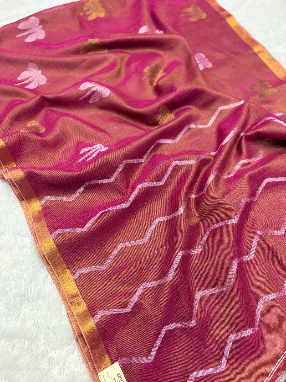 Tissue linen dragonfly saree with zari pallu | pink|TL001