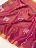Tissue linen dragonfly saree with zari pallu | pink|TL001