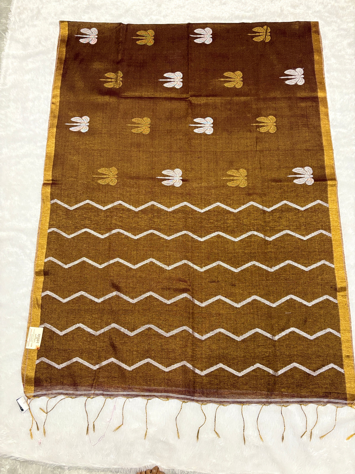Tissue linen dragonfly saree with zari pallu | Brown|TL002