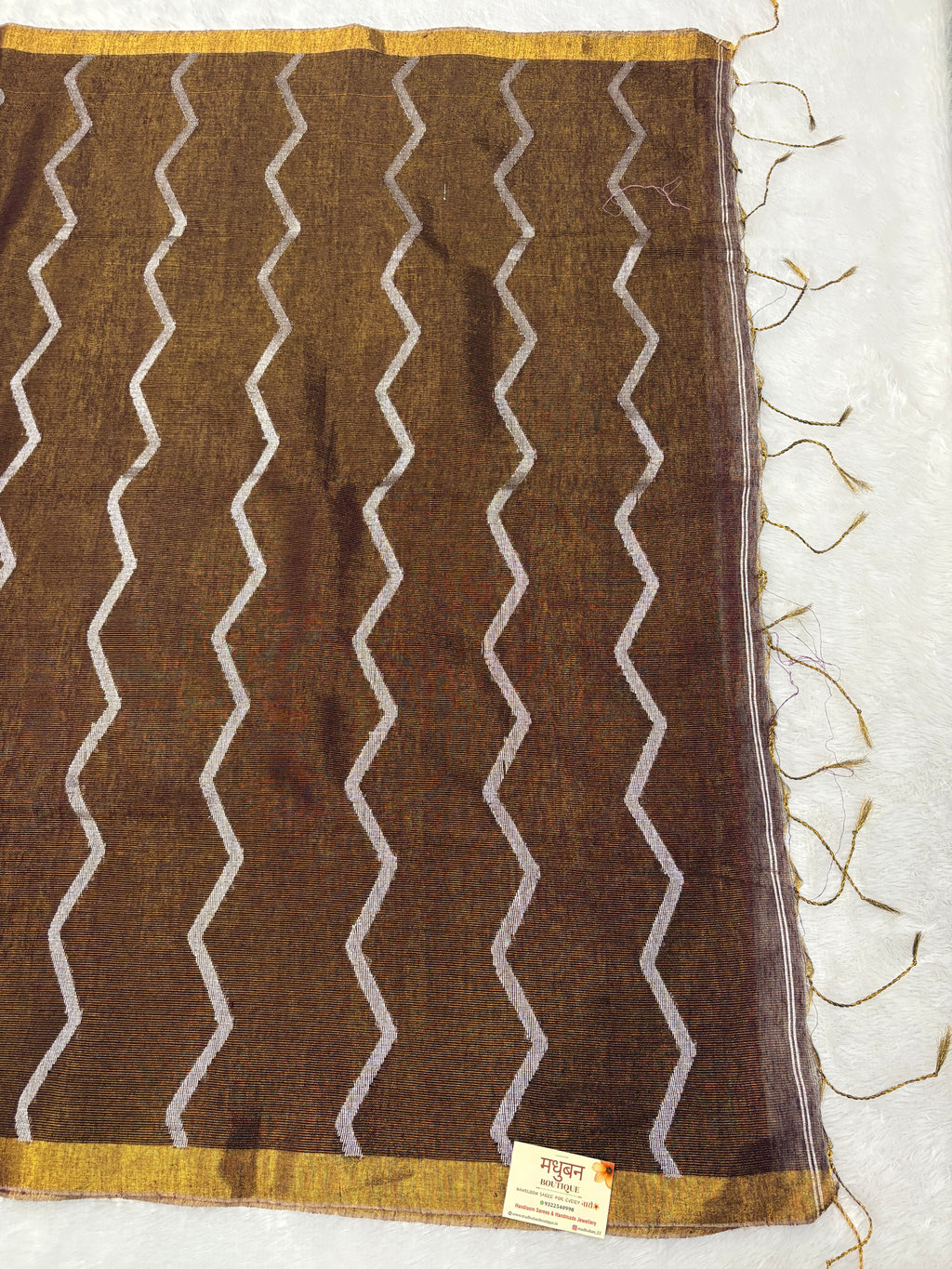 Tissue linen dragonfly saree with zari pallu | Brown|TL002