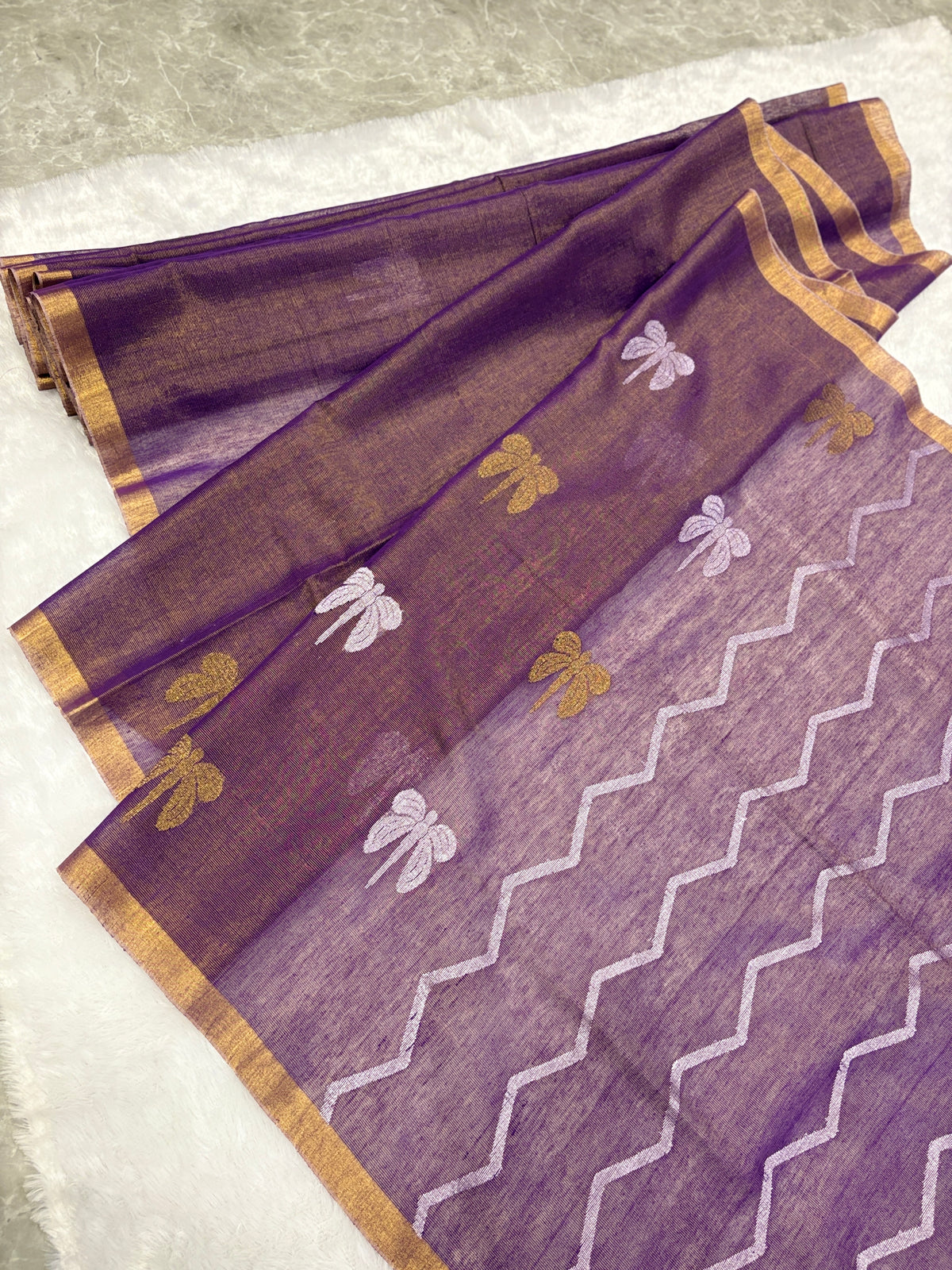 Tissue linen dragonfly saree with zari pallu | Lilac|TL006