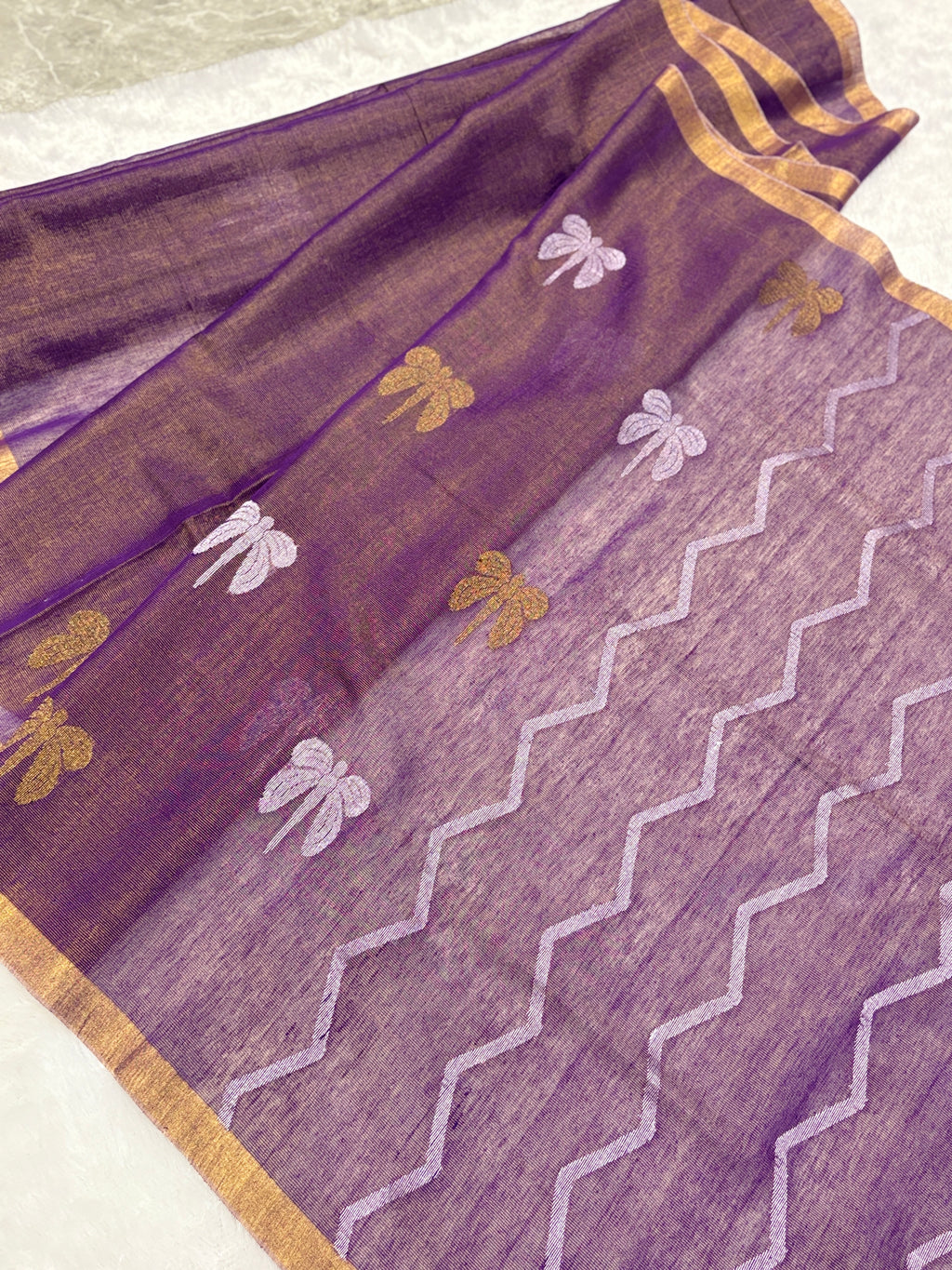 Tissue linen dragonfly saree with zari pallu | Lilac|TL006
