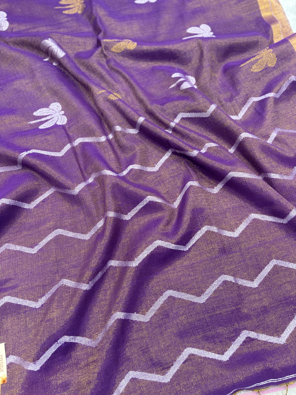 Tissue linen dragonfly saree with zari pallu | Lilac|TL006