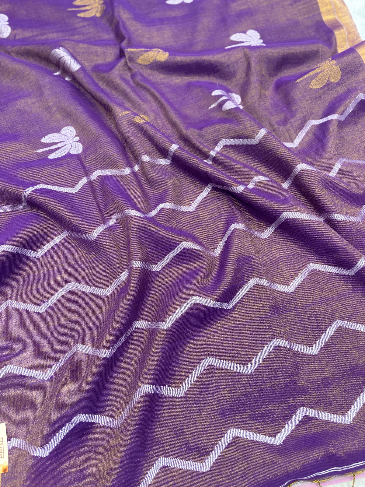Tissue linen dragonfly saree with zari pallu | Lilac|TL006