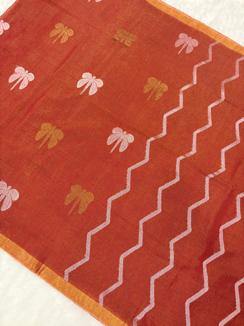 Tissue linen dragonfly saree with zari pallu | Orange|TL004