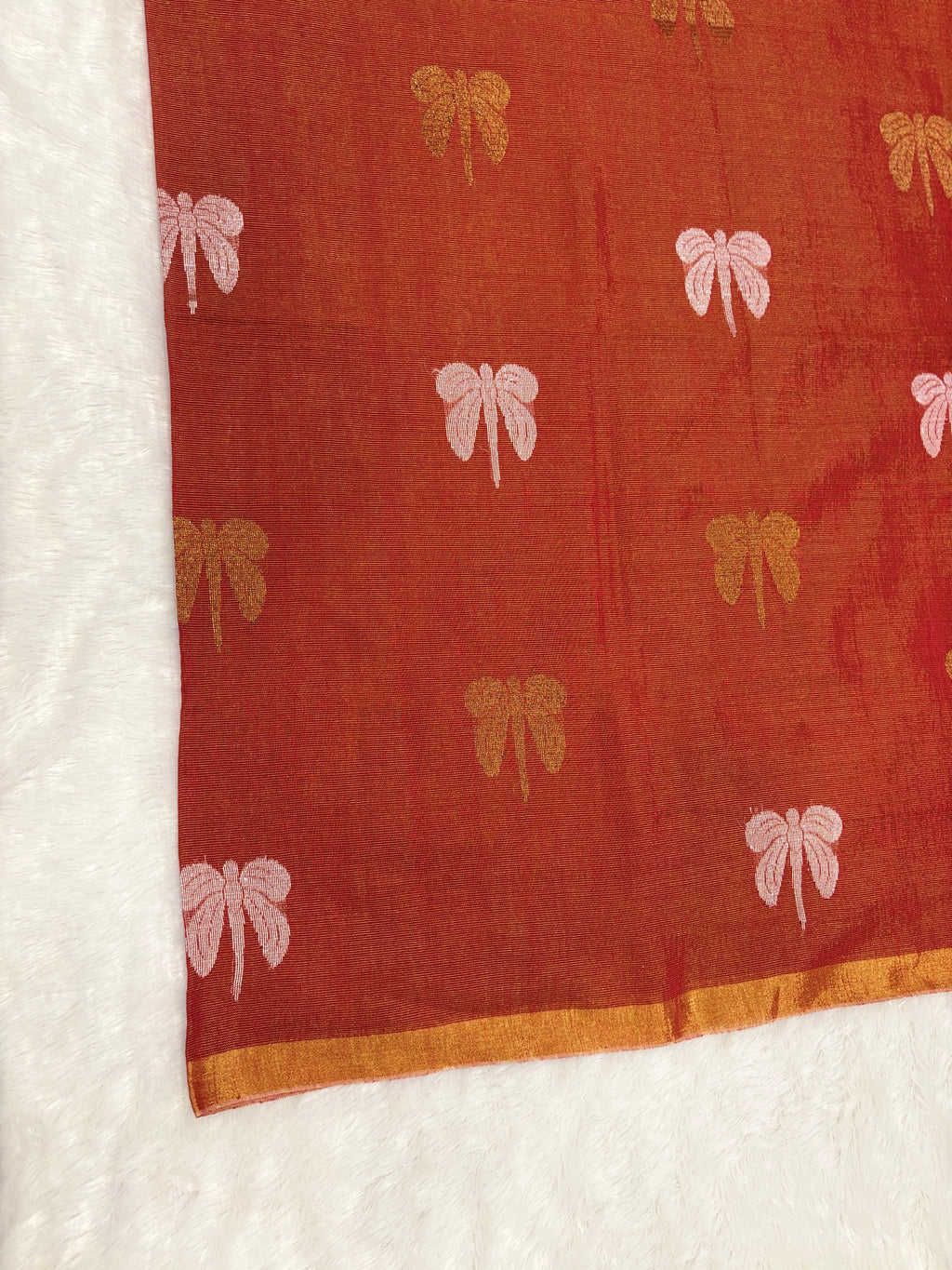 Tissue linen dragonfly saree with zari pallu | Orange|TL004