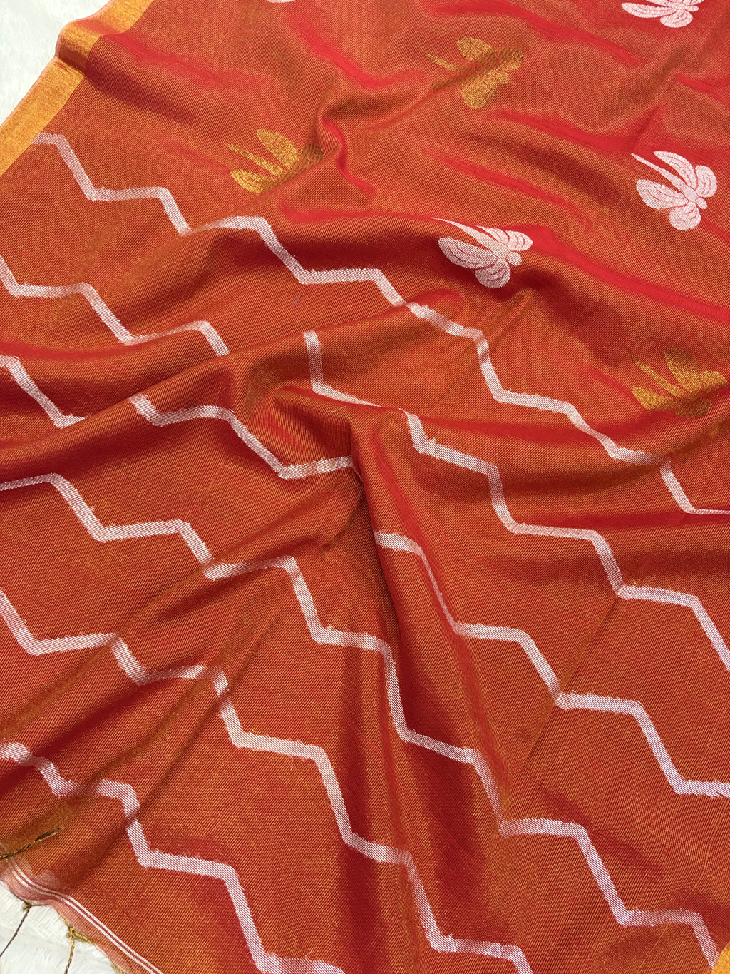 Tissue linen dragonfly saree with zari pallu | Orange|TL004