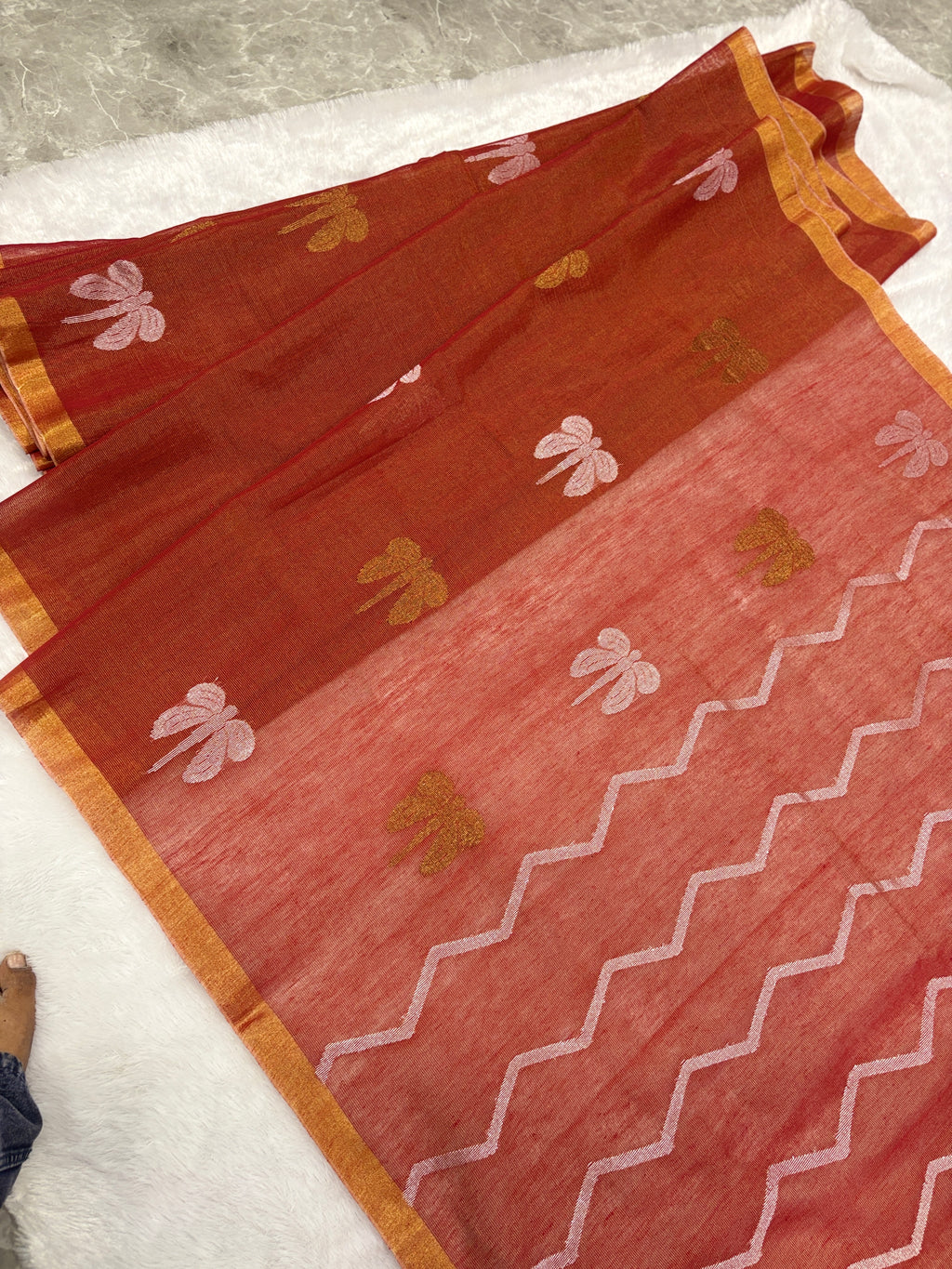 Tissue linen dragonfly saree with zari pallu | Orange|TL004