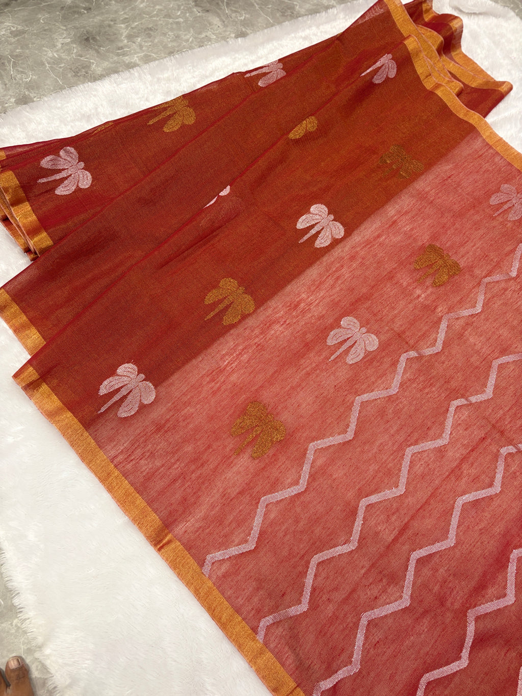 Tissue linen dragonfly saree with zari pallu | Orange|TL004