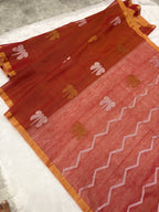 Tissue linen dragonfly saree with zari pallu | Orange|TL004
