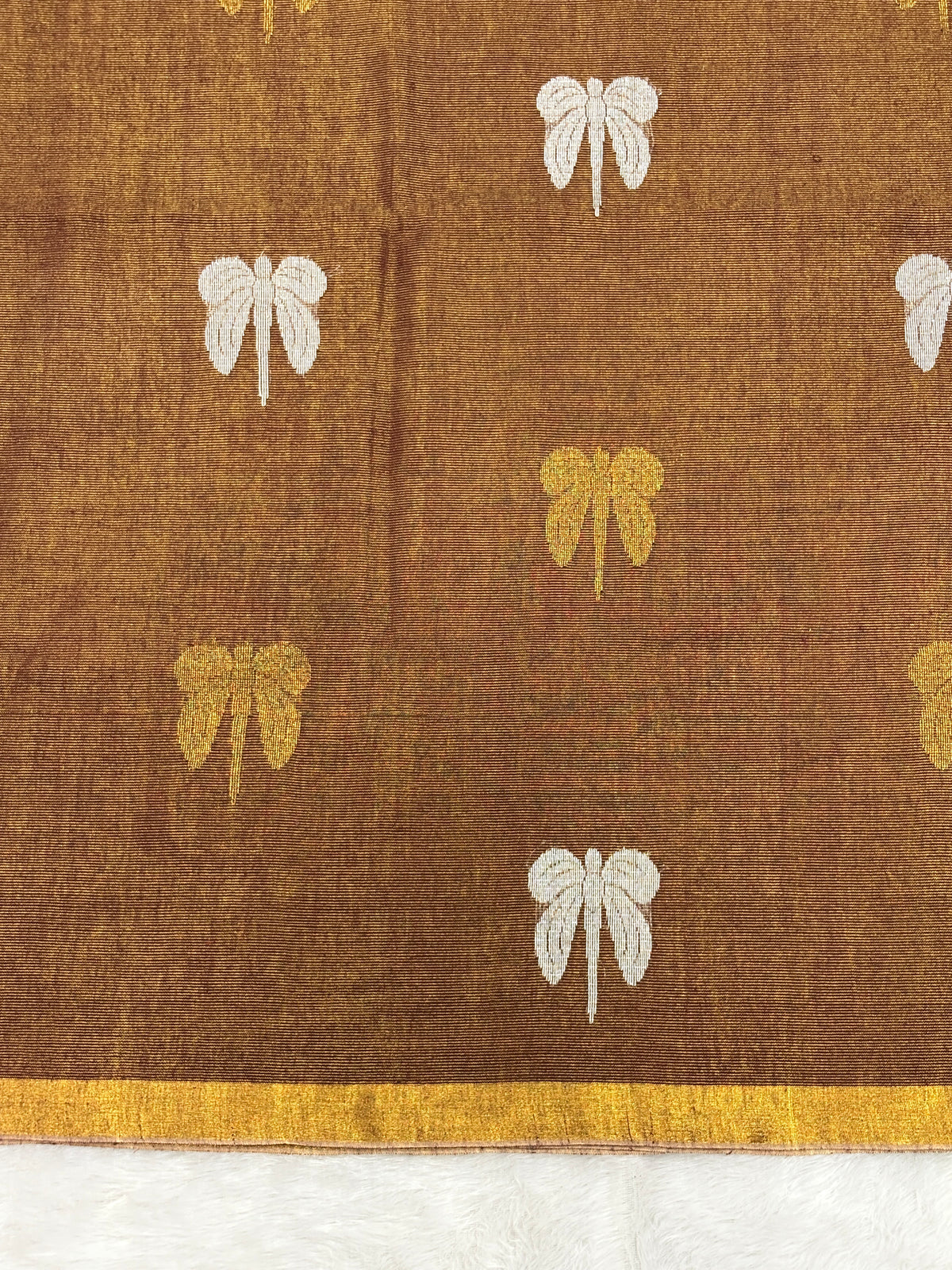 Tissue linen dragonfly saree with zari pallu | Brown|TL002