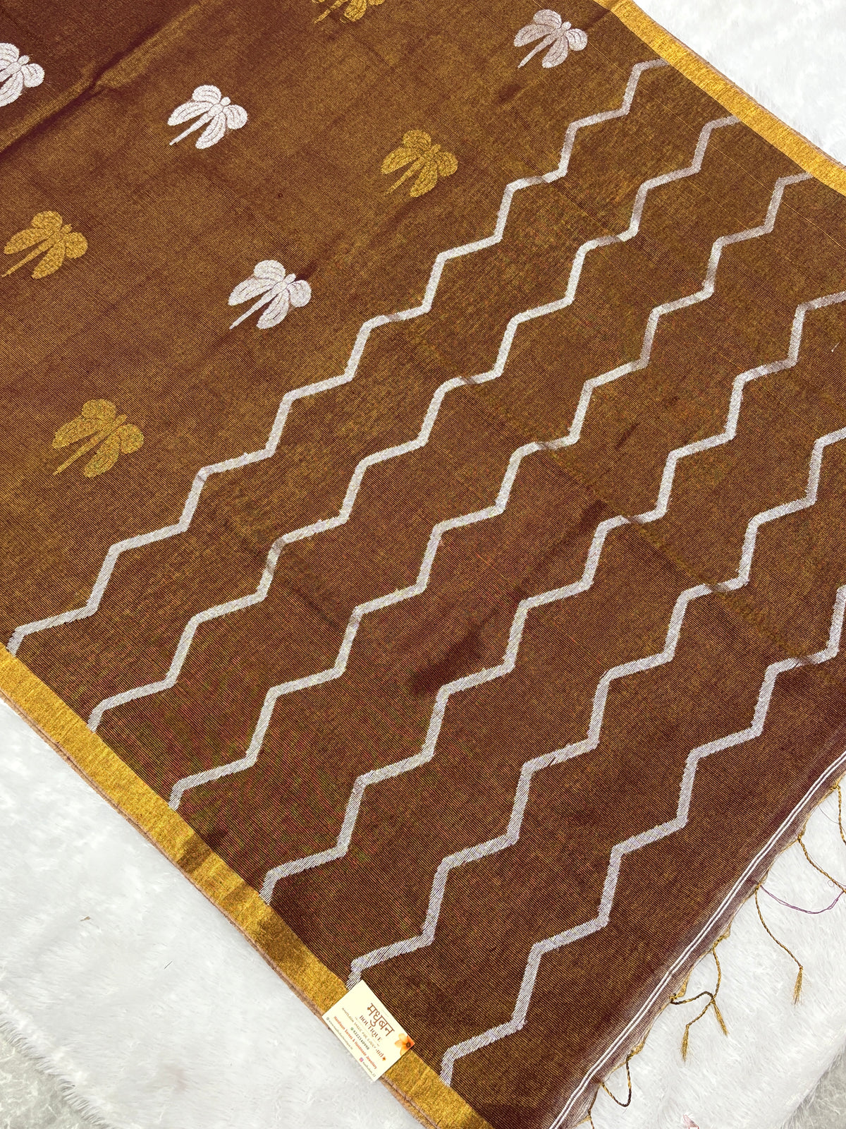 Tissue linen dragonfly saree with zari pallu | Brown|TL002