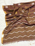 Tissue linen dragonfly saree with zari pallu | Brown|TL002
