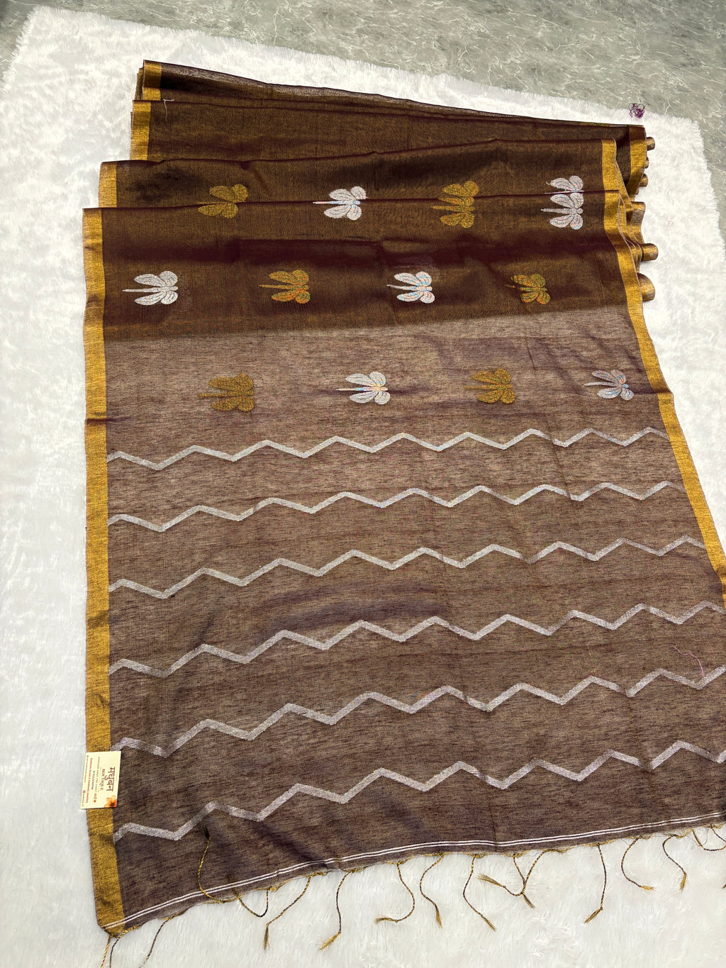Tissue linen dragonfly saree with zari pallu | Brown|TL002