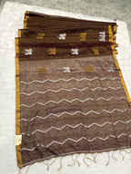 Tissue linen dragonfly saree with zari pallu | Brown|TL002