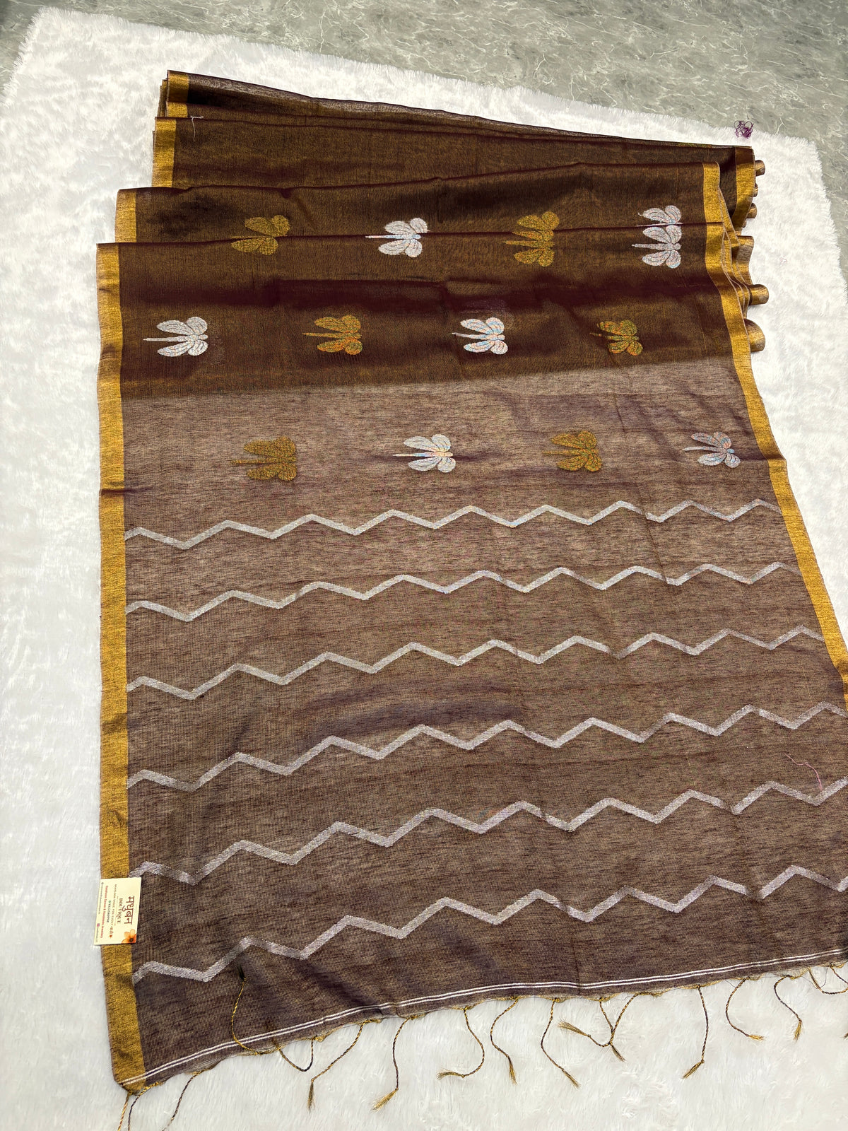 Tissue linen dragonfly saree with zari pallu | Brown|TL002