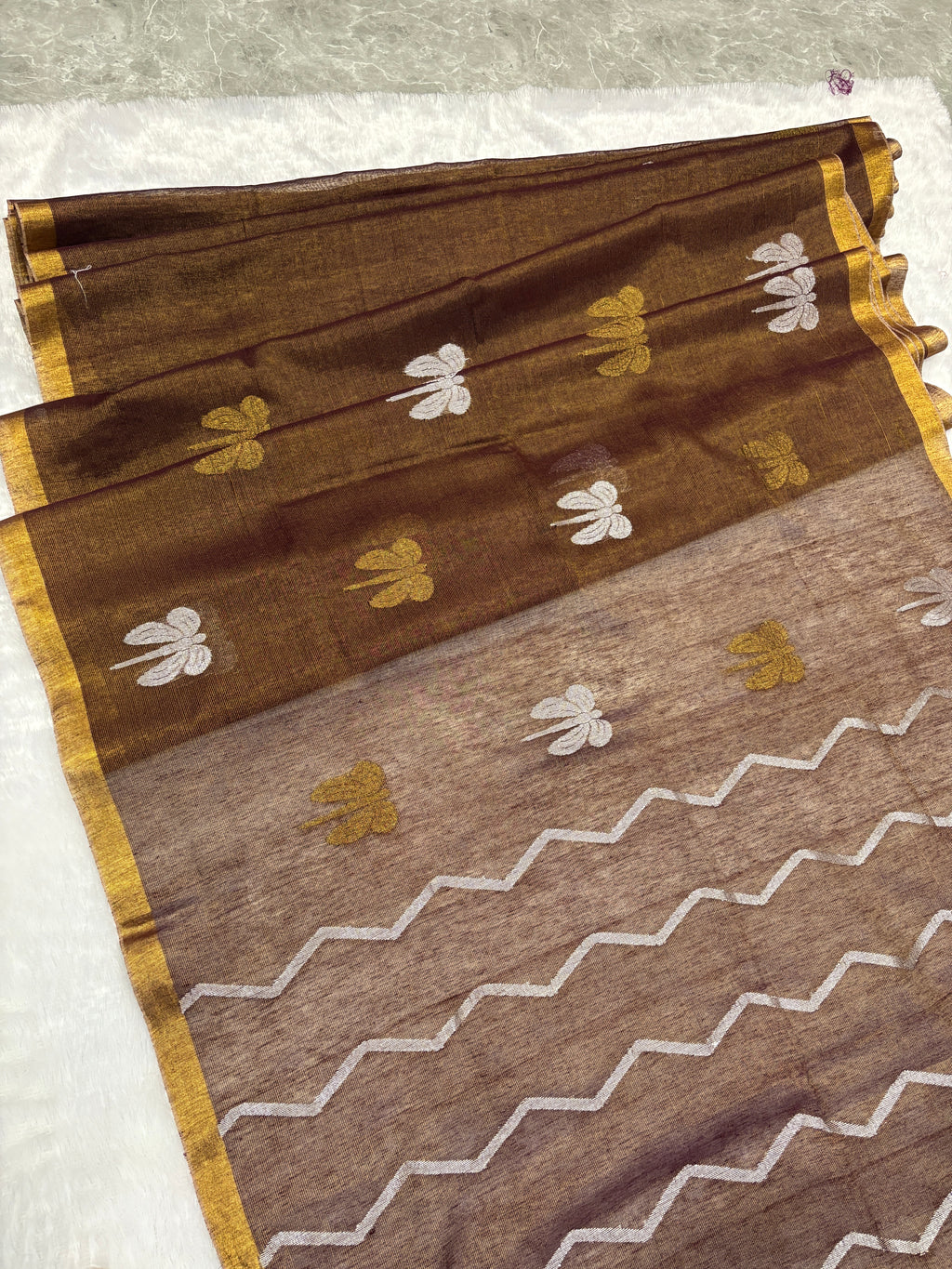 Tissue linen dragonfly saree with zari pallu | Brown|TL002
