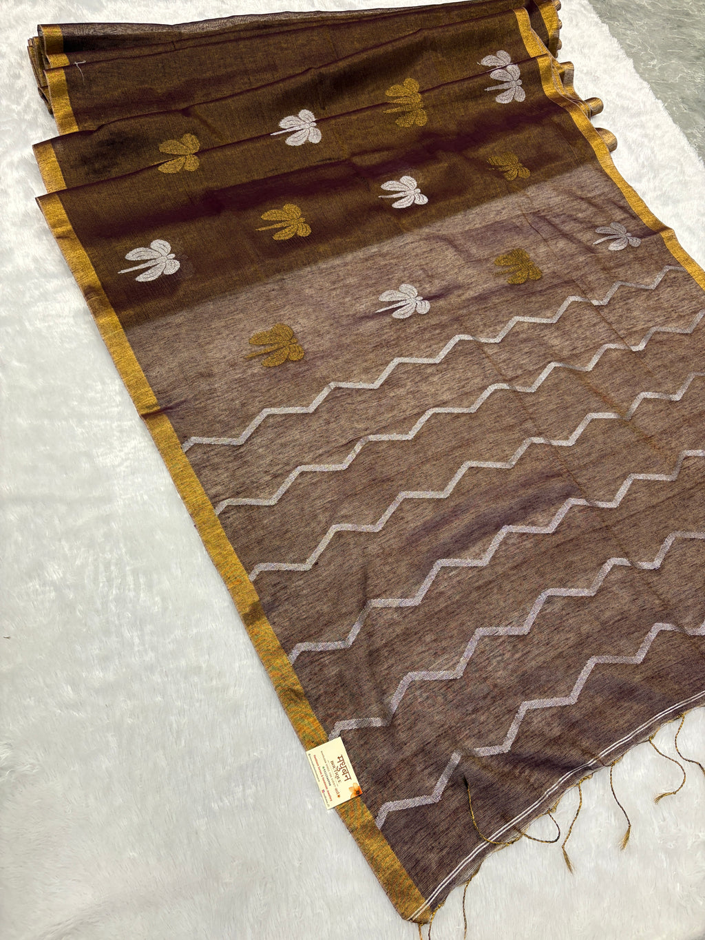 Tissue linen dragonfly saree with zari pallu | Brown|TL002