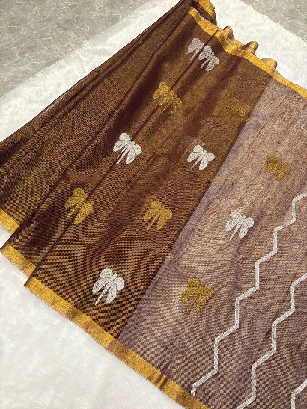 Tissue linen dragonfly saree with zari pallu | Brown|TL002