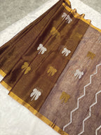 Tissue linen dragonfly saree with zari pallu | Brown|TL002