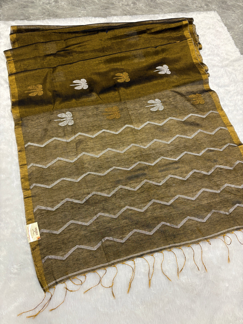 Tissue linen dragonfly saree with zari pallu | Copper|TL005