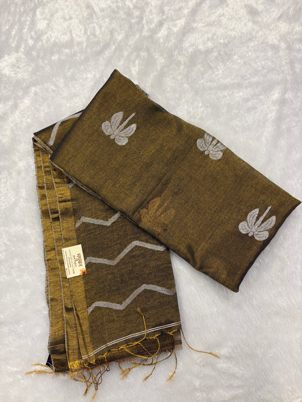 Tissue linen dragonfly saree with zari pallu | Copper|TL005