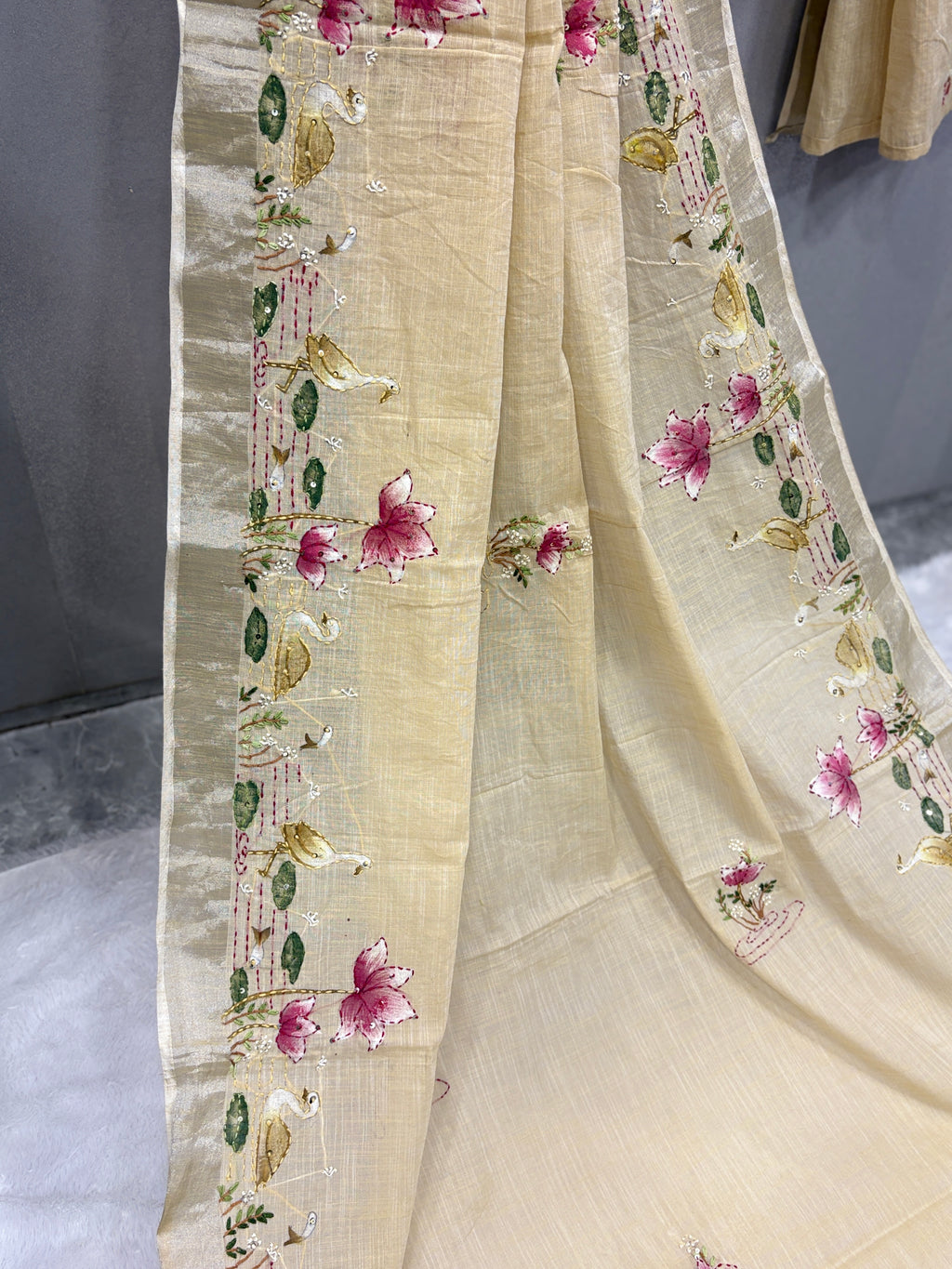 Swan handpainted and hardwork linen saree|Beige