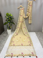 Swan handpainted and hardwork linen saree|Beige