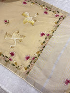 Swan handpainted and hardwork linen saree|Beige