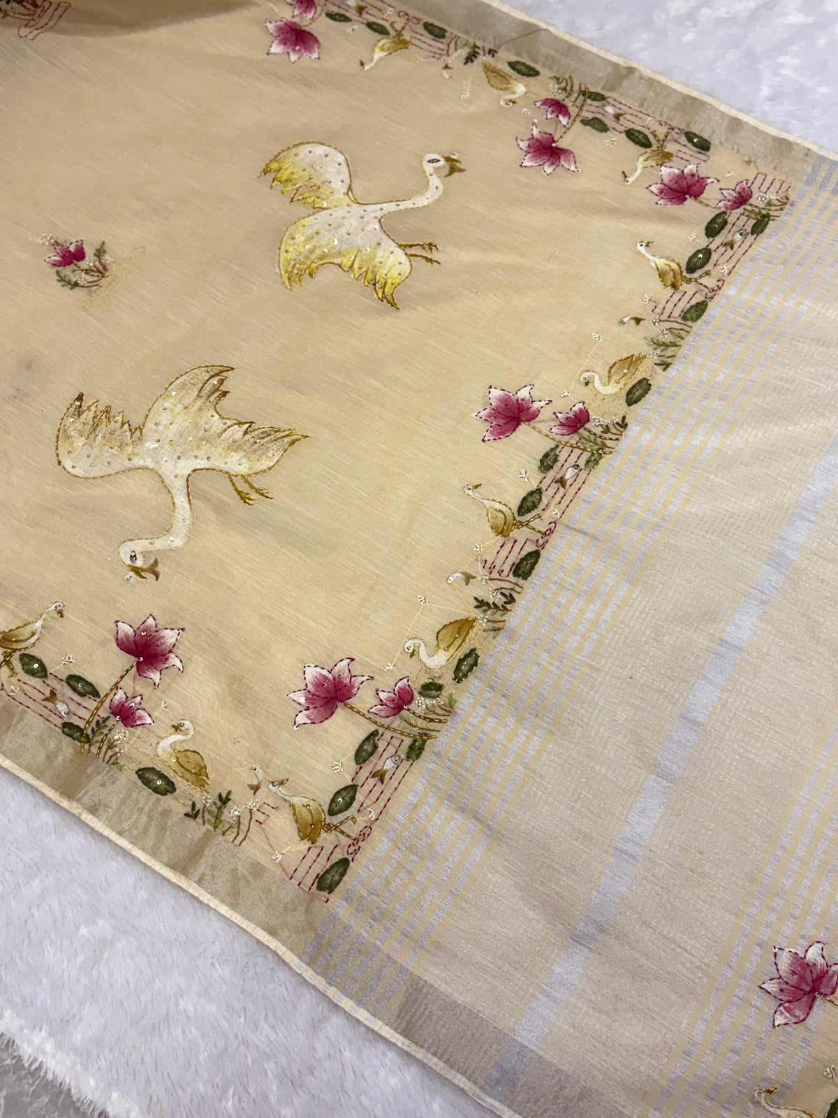 Swan handpainted and hardwork linen saree|Beige