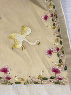 Swan handpainted and hardwork linen saree|Beige