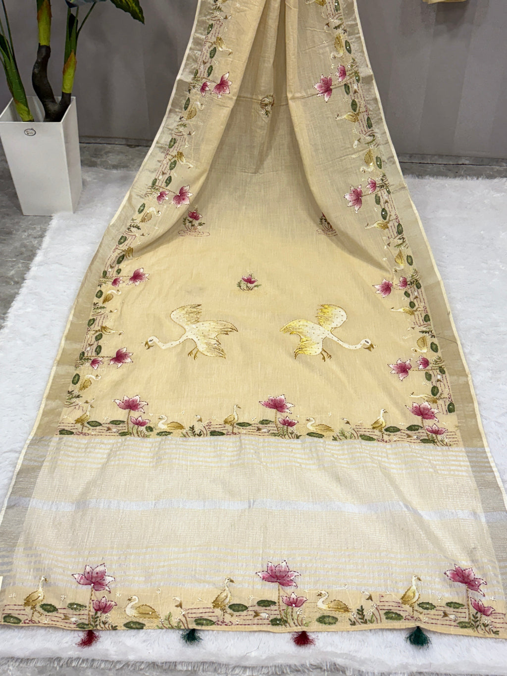 Swan handpainted and hardwork linen saree|Beige