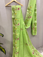 Swan handpainted and hardwork linen saree|green