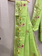 Swan handpainted and hardwork linen saree|green