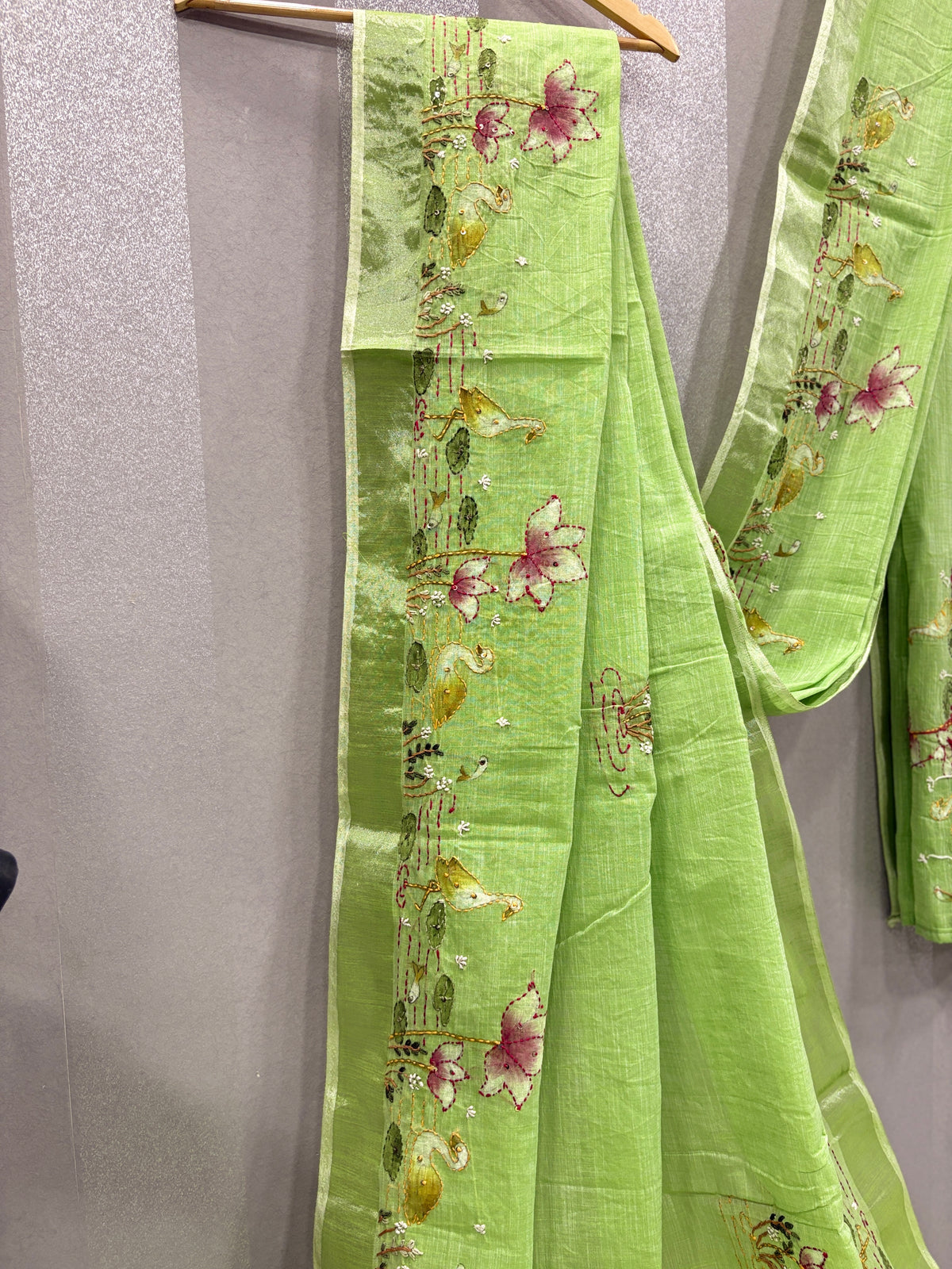 Swan handpainted and hardwork linen saree|green