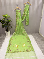 Swan handpainted and hardwork linen saree|green