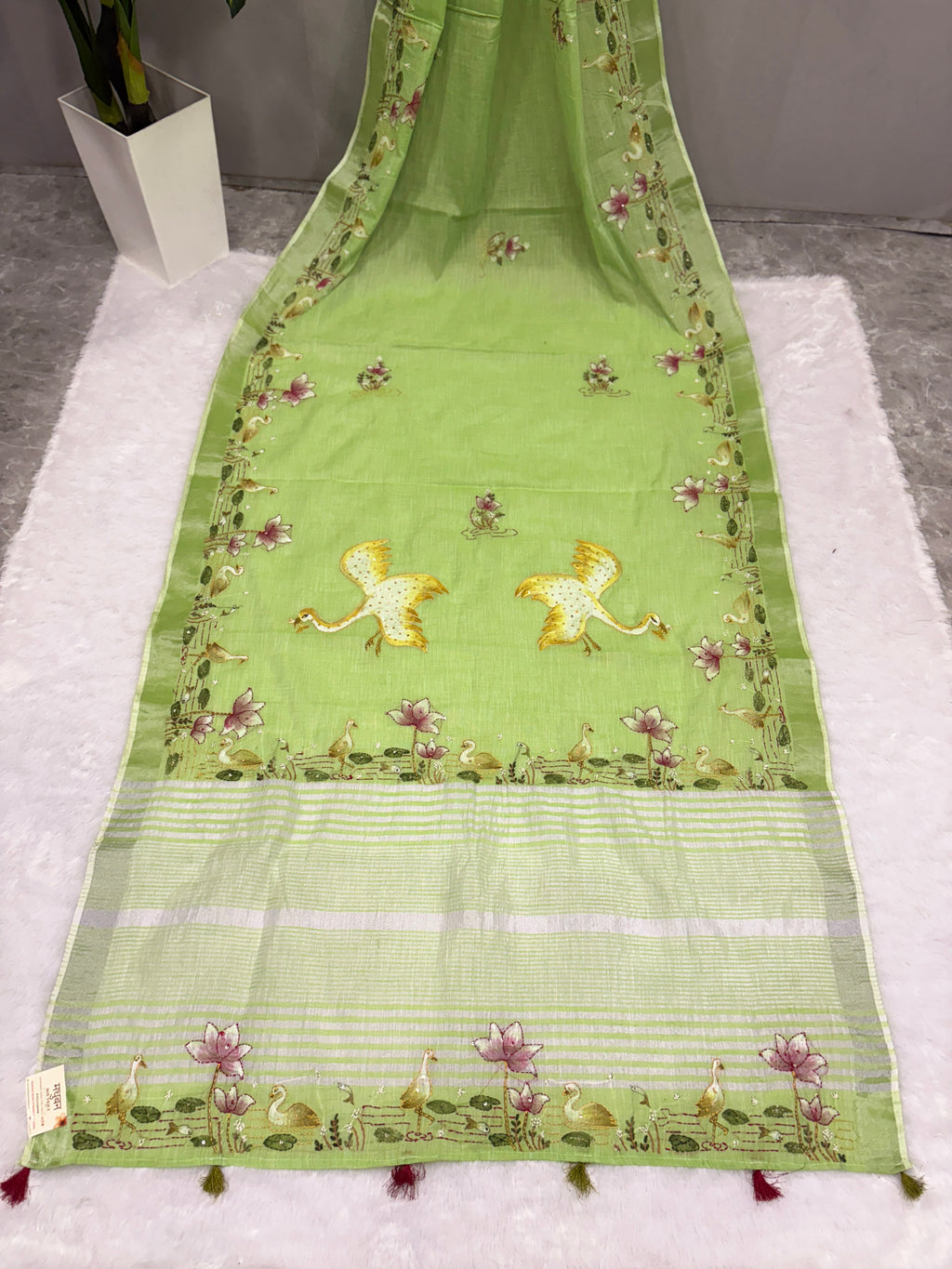 Swan handpainted and hardwork linen saree|green