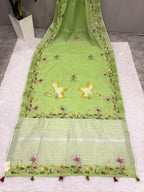 Swan handpainted and hardwork linen saree|green