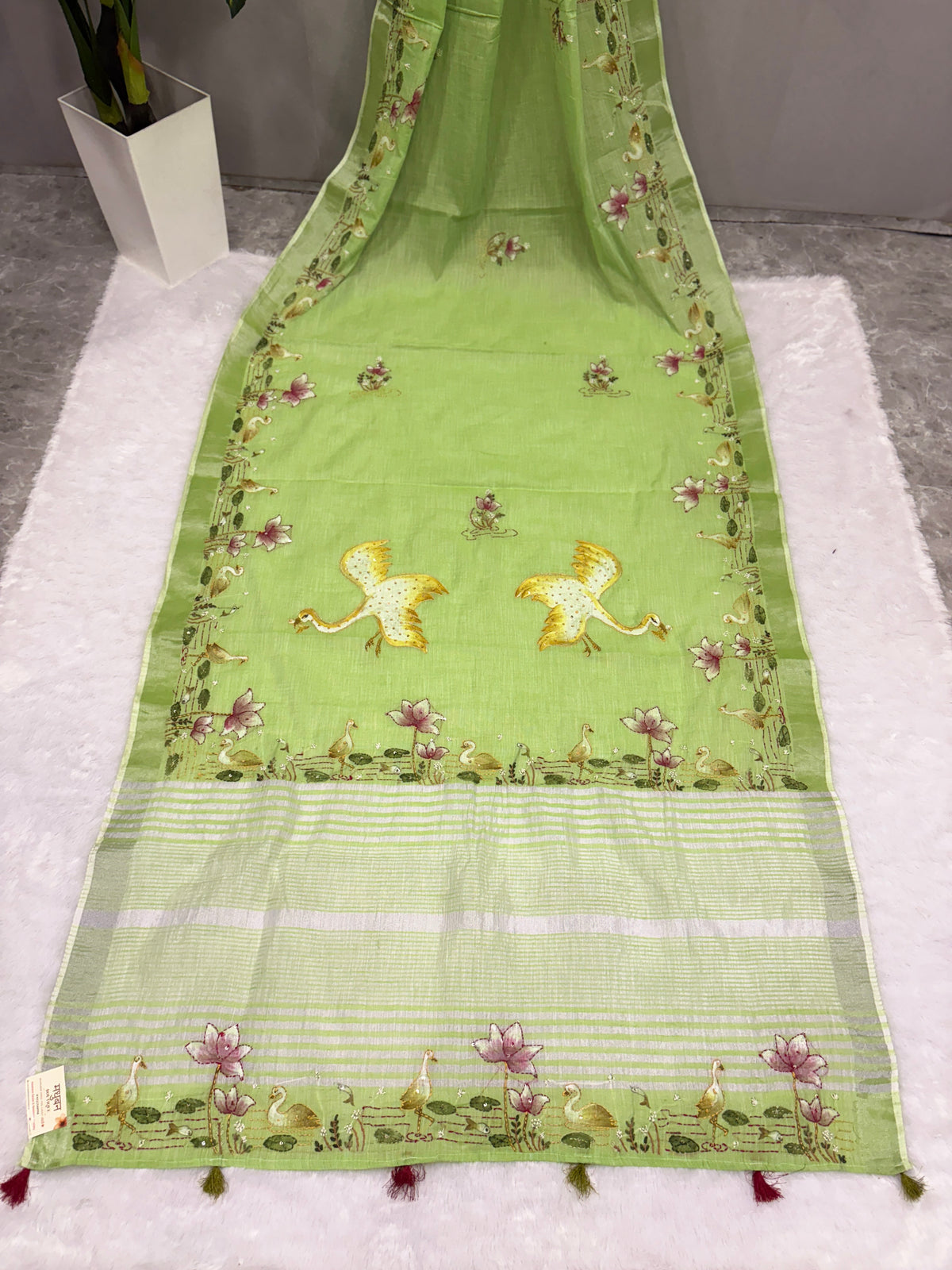 Swan handpainted and hardwork linen saree|green