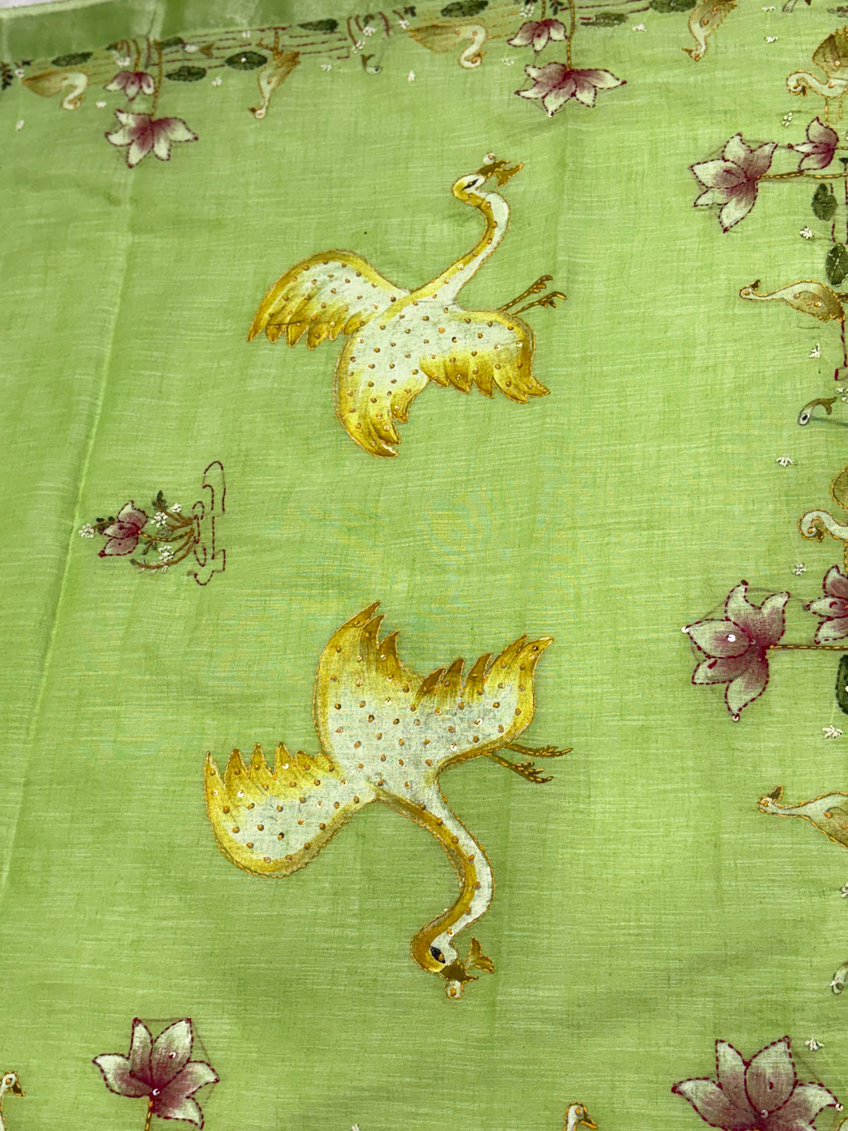 Swan handpainted and hardwork linen saree|green