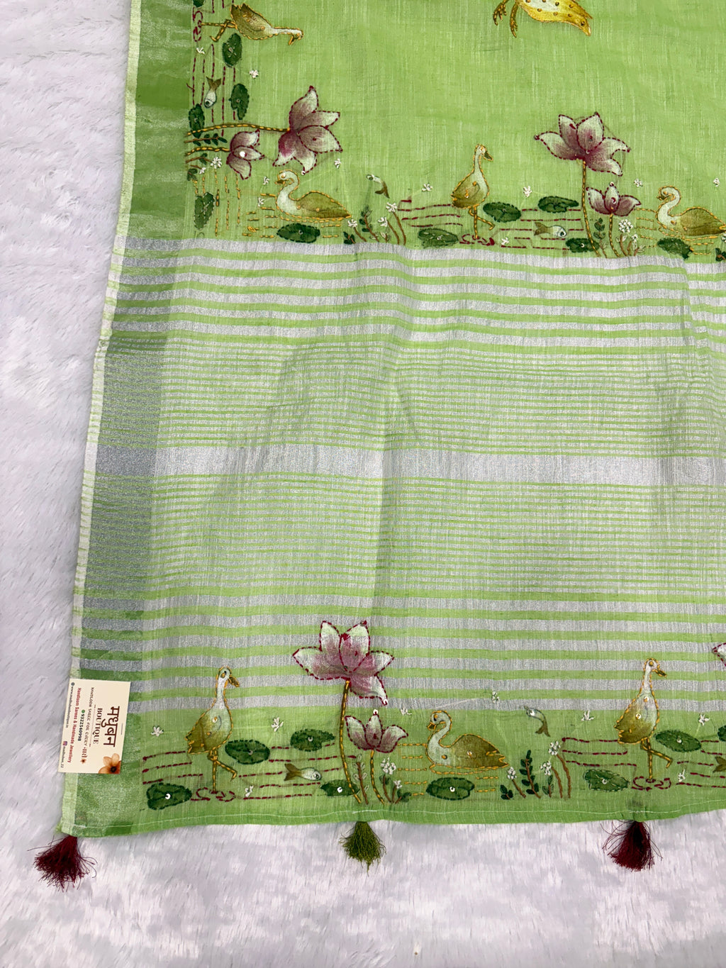 Swan handpainted and hardwork linen saree|green