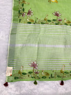 Swan handpainted and hardwork linen saree|green