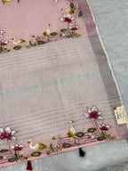 Swan handpainted and hardwork linen saree|Pink