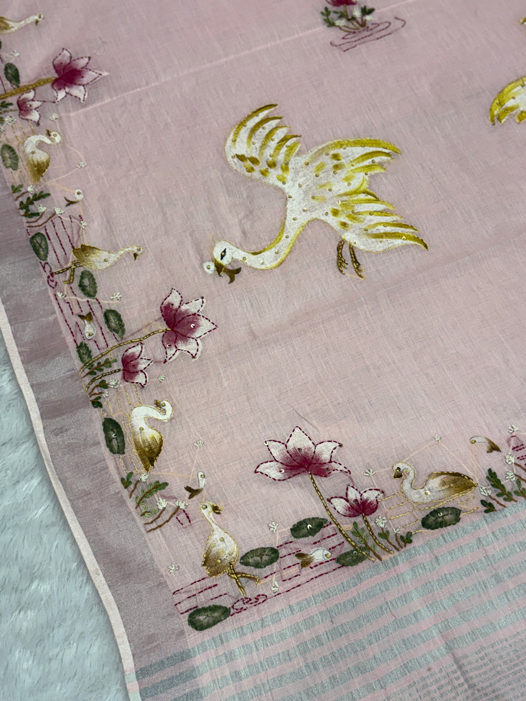 Swan handpainted and hardwork linen saree|Pink