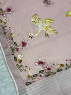 Swan handpainted and hardwork linen saree|Pink