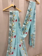 Swan handpainted and hardwork linen saree|sky blue
